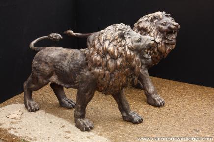 Pair Large Italian Bronze Lion Statues Gatekeepers Cats